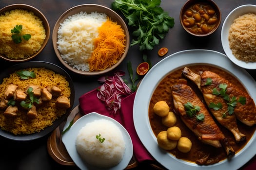 a variety of dishes including rice, meat and vegetables. AI-Generated photo