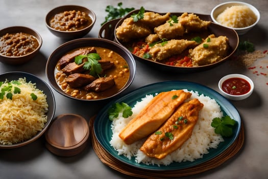 a variety of dishes including rice, meat and vegetables. AI-Generated photo