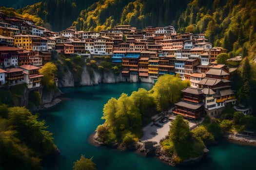a village in the mountains with a lake. AI-Generated photo