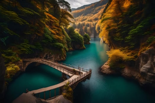 a bridge over a river in the middle of a forest. AI-Generated photo