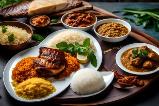 a variety of dishes are arranged on a table. AI-Generated photo