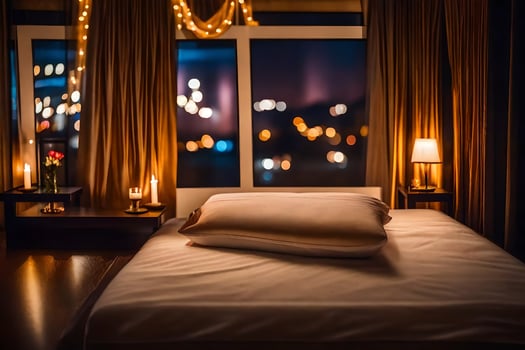 a bed with a night view of the city. AI-Generated photo
