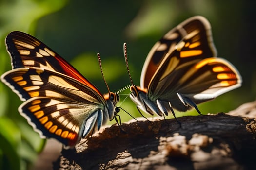 two butterflies are sitting on top of a log. AI-Generated photo