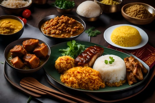 a variety of food on a wooden table. AI-Generated photo