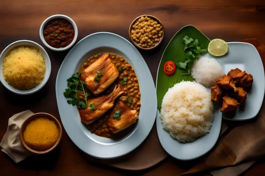 a table with food and bowls of rice. AI-Generated photo