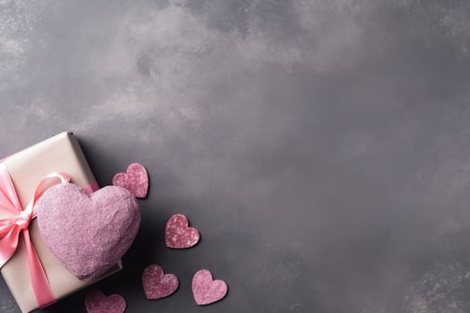 Beautiful valentine day background with gift box, ribbon, red hearts, presents, roses and copy space concept by AI Generated photo