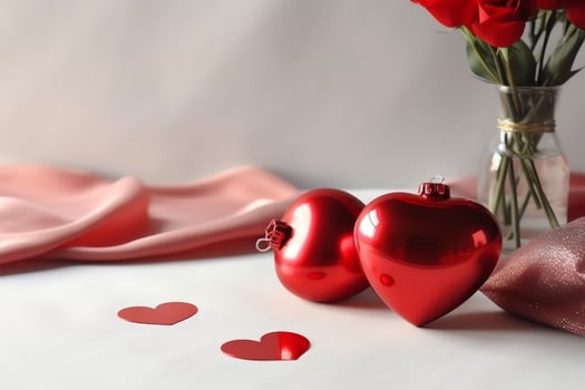 Beautiful valentine day background with gift box, ribbon, red hearts, presents, roses and copy space concept by AI Generated photo
