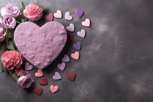 Beautiful valentine day background with gift box, ribbon, red hearts, presents, roses and copy space concept by AI Generated photo