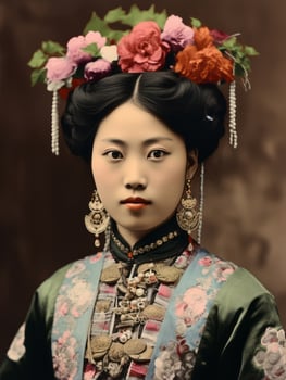An old colored photograph of a asian woman from the early 1900s AI Generative photo