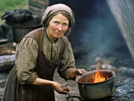 Historic colored photo of a womans daily work in the past AI Generative