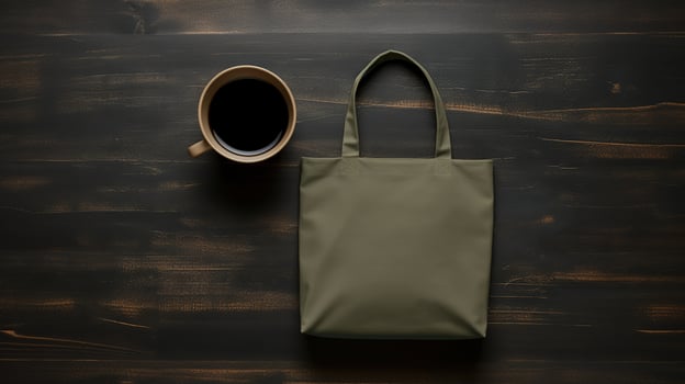 Generative AI, Realistic khaki tote canvas fabric bag set-up in at cafe interior, shopper mock up blank. photo