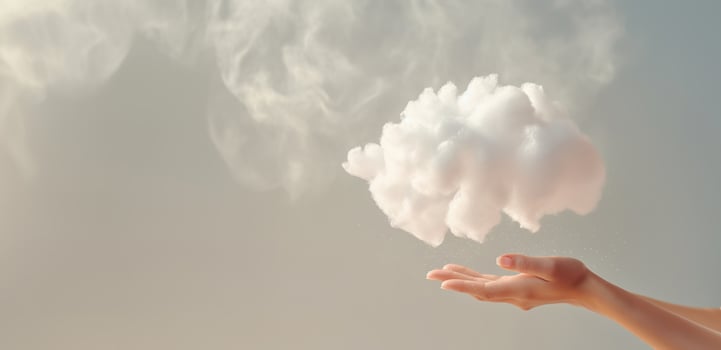 Generative AI, hand holding cloud, sky background. The development of the imagination concept photo