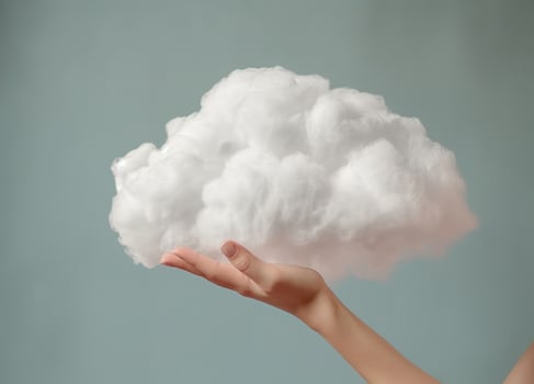 Generative AI, hand holding cloud, sky background. The development of the imagination concept photo