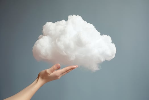 Generative AI, hand holding cloud, sky background. The development of the imagination concept photo