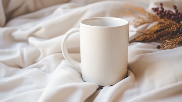 Generative AI, White ceramic cup set-up in at home interior, mug mock up blank, muted neutral colors. photo