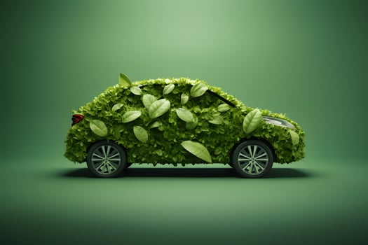 Eco-friendly car made out of leaves on a green background. AI Generated photo