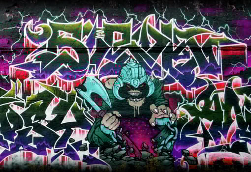Colorful background of graffiti painting artwork with bright aerosol strips on metal wall photo
