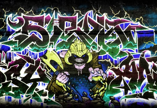 Colorful background of graffiti painting artwork with bright aerosol strips on metal wall photo