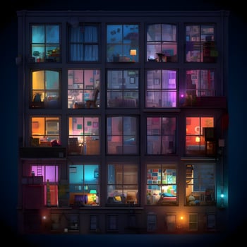 Bright colors apartment window lights at night. High quality. AI Generative photo