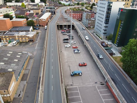 High Angle View of South East Downtown and Central Luton City and Commercial District During Sunset. The Image Was Captured With Drone's Camera on September 1st, 2023 photo