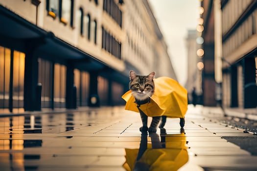 a cat in a yellow raincoat walking down a street. AI-Generated photo