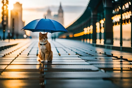 a cat sitting on a bridge with an umbrella. AI-Generated photo