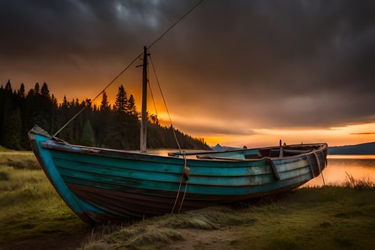 a boat sits on the shore of a lake at sunset. AI-Generated photo