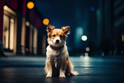 a dog sitting on the street at night. AI-Generated photo