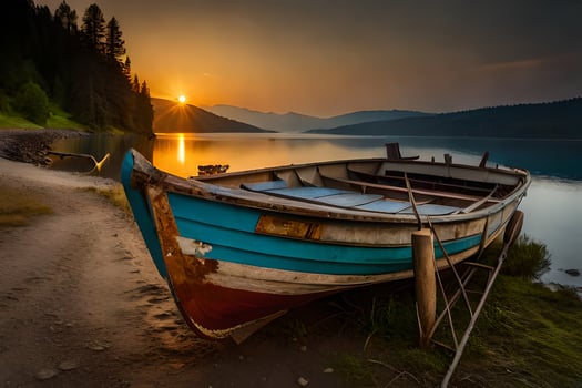 a boat sits on the shore of a lake at sunset. AI-Generated photo