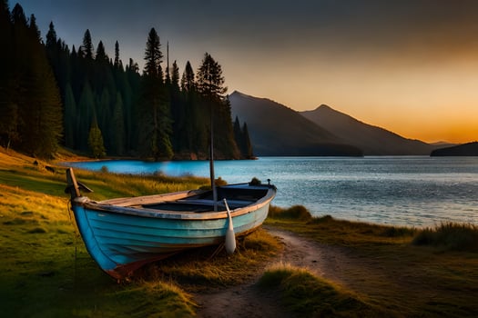 a boat sits on the shore of a lake at sunset. AI-Generated photo