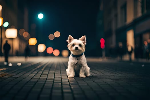 a small white dog is sitting on the street at night. AI-Generated photo