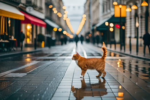 a cat walking on a wet street in the rain. AI-Generated photo