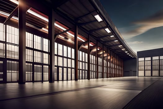 a large warehouse with lots of windows and a sky. AI-Generated photo
