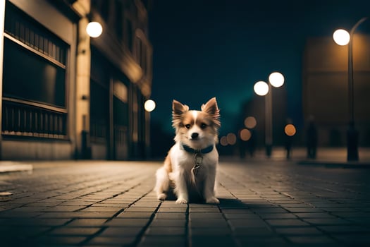 a dog sitting on the street at night. AI-Generated photo
