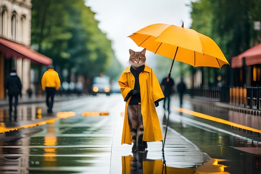 a cat in a yellow raincoat walking down a street. AI-Generated photo