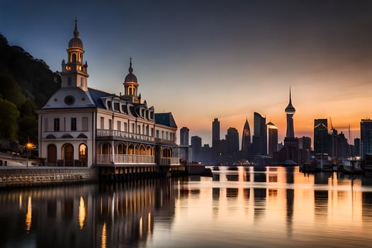 the city skyline is reflected in the water at sunset. AI-Generated photo