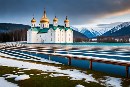 a church in the snow with gold domes. AI-Generated photo