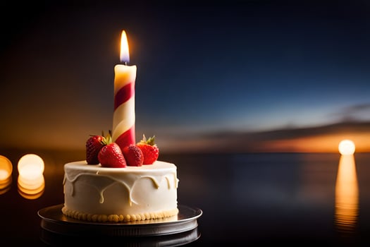 a birthday cake with a lit candle on top. AI-Generated photo