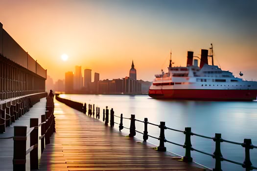 a pier with a boat in the water at sunset. AI-Generated photo