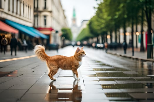 an orange cat walking on a wet street. AI-Generated photo