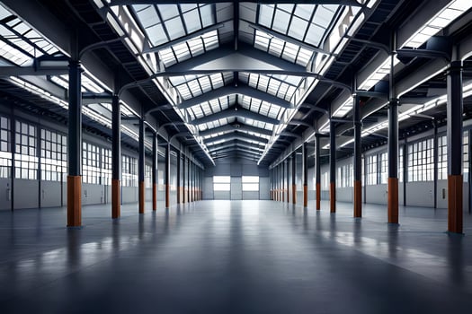 an empty warehouse with large windows and a lot of space. AI-Generated photo