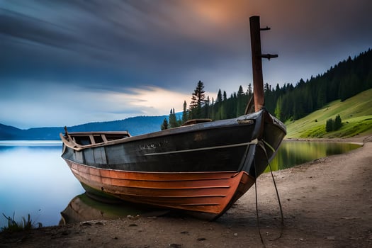 a boat sits on the shore of a lake. AI-Generated photo
