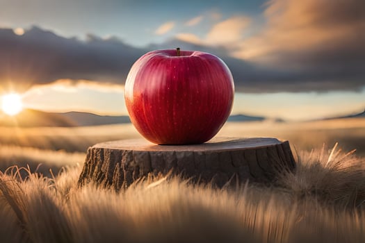 an apple sits on top of a stump in a field. AI-Generated photo