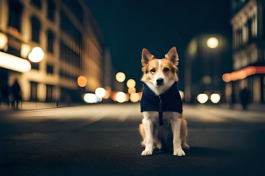 a dog in a jacket sitting on the street at night. AI-Generated photo