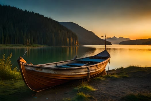 a boat sits on the shore at sunset. AI-Generated photo