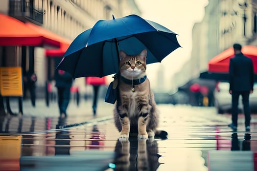 a cat is standing in the rain with an umbrella. AI-Generated photo