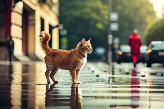 a cat is walking on a wet street in the rain. AI-Generated photo
