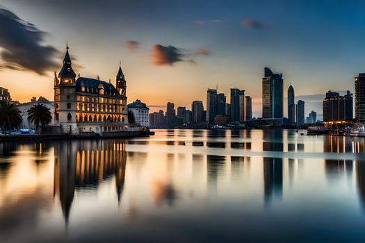 the city skyline is reflected in the water at sunset. AI-Generated photo