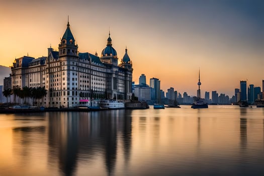 the bund in shanghai at sunset. AI-Generated photo