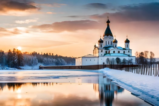 a church in the snow at sunset. AI-Generated photo